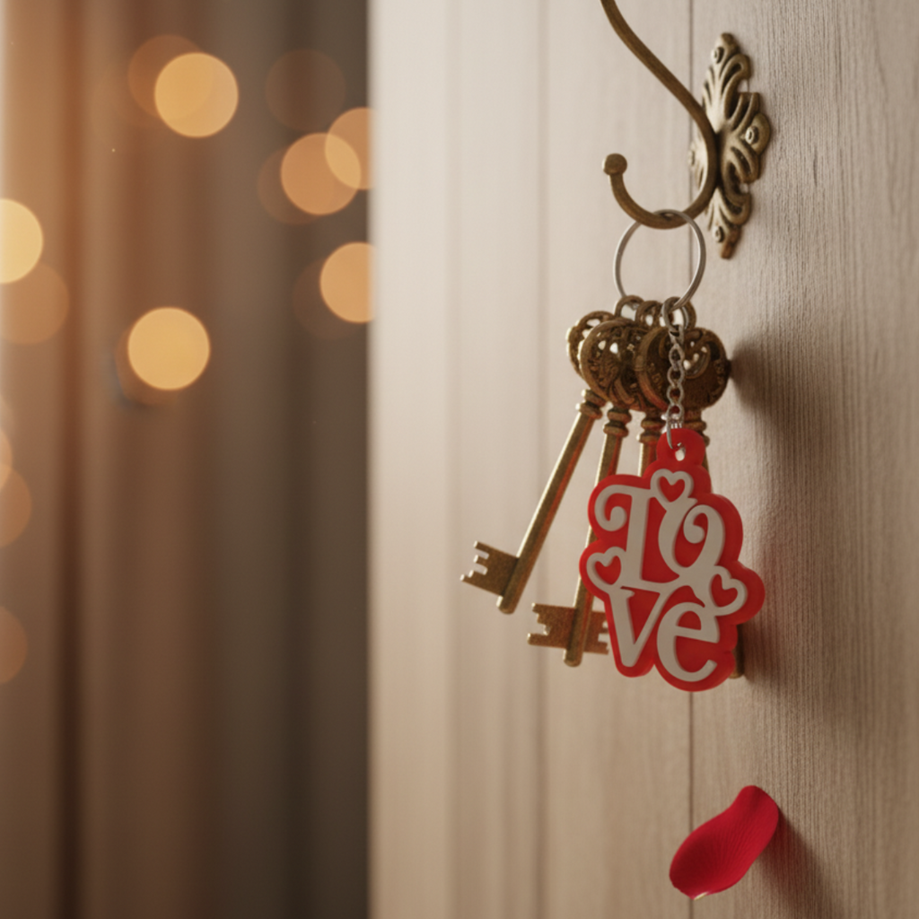 Brelok Love w ozdobnej ramce – czerwono-biały brelok 3D w eleganckim stylu