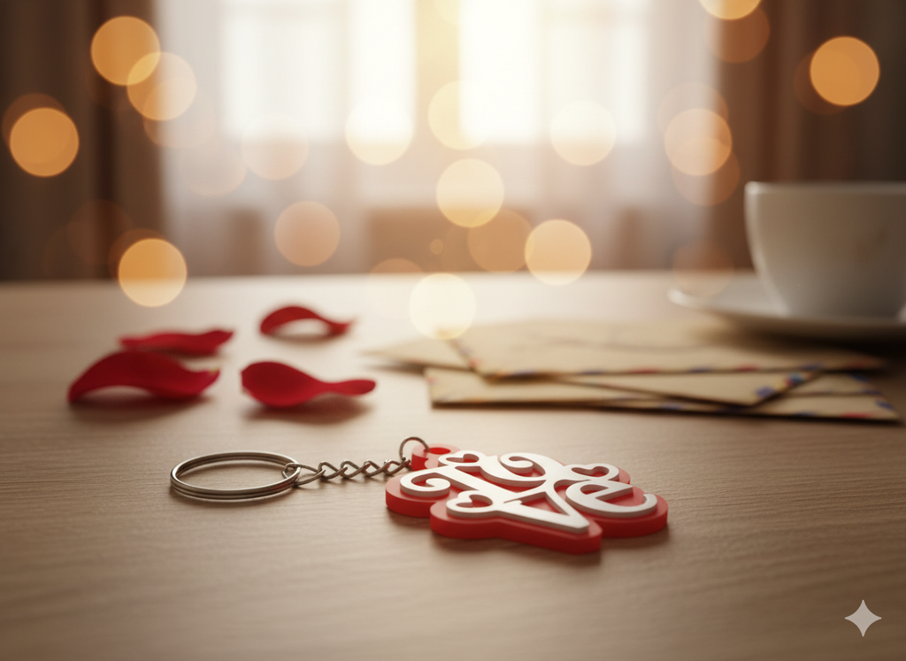 Brelok Love w ozdobnej ramce – czerwono-biały brelok 3D w eleganckim stylu